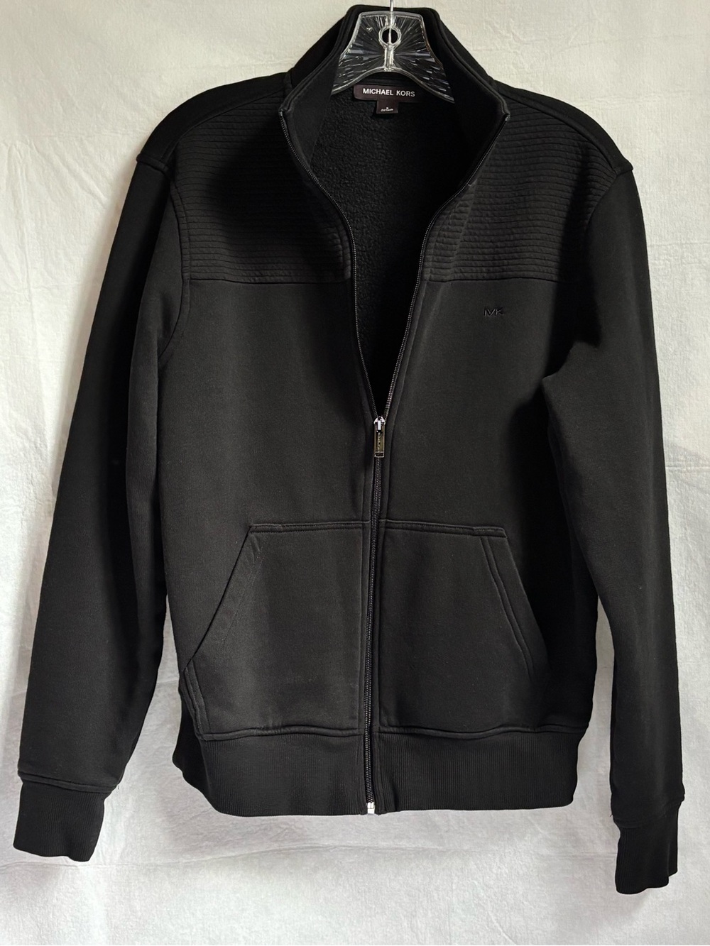 Michael Kors Men's Fleece Jacket Fits Women's M/L Full Zip Black Ribbed Shoulder